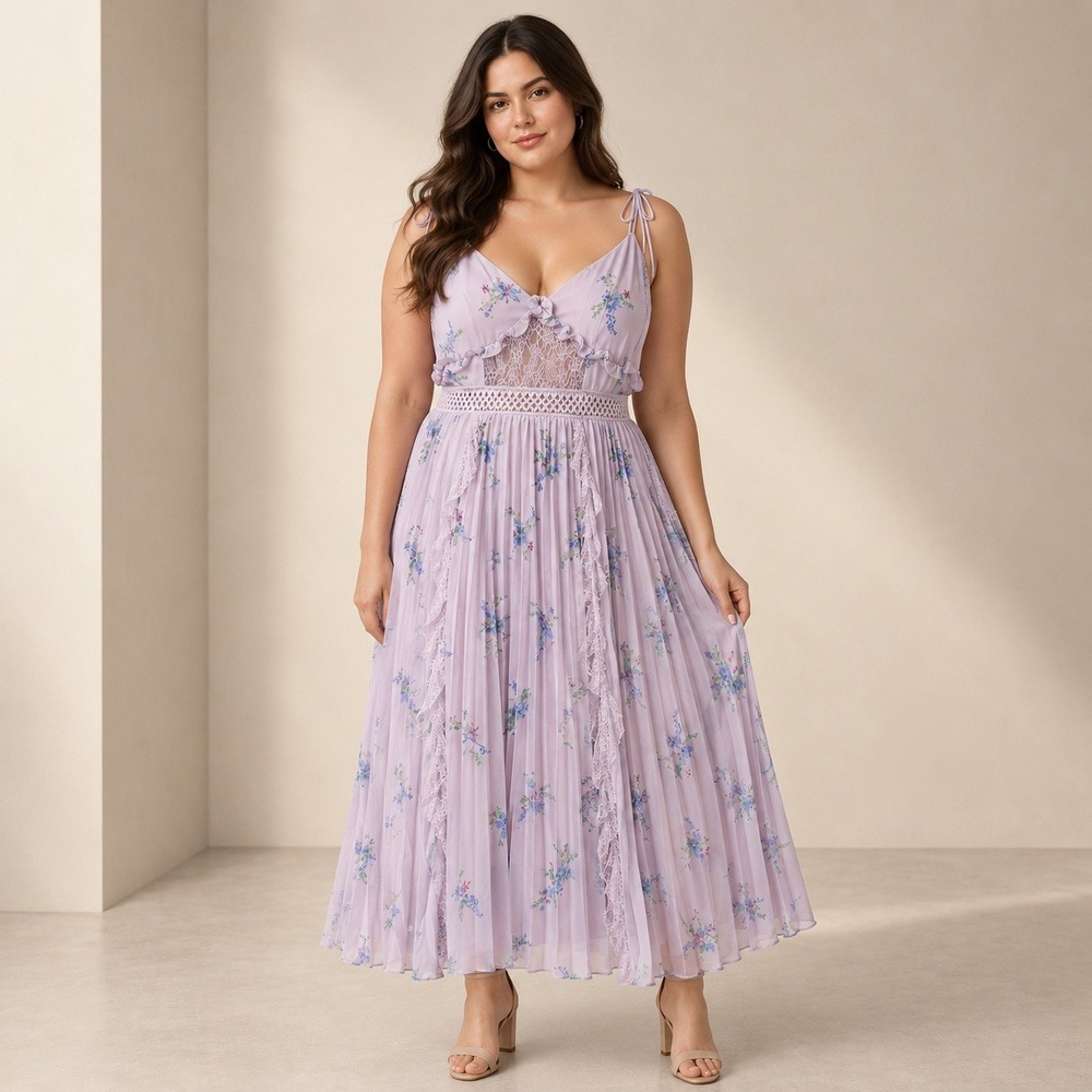 True Decadence Midi Dress Womens 16 Lavender Floral Lace Pleated Whimsical Fairy